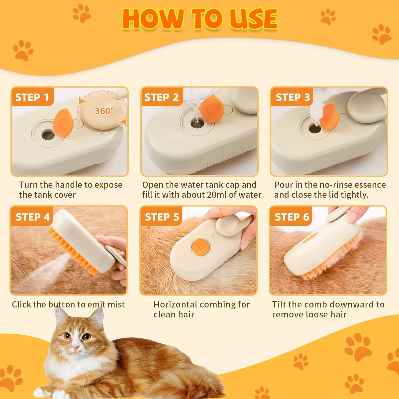 Brosse Vapeur 3-en-1 Rechargeable pour Chats et Chiens